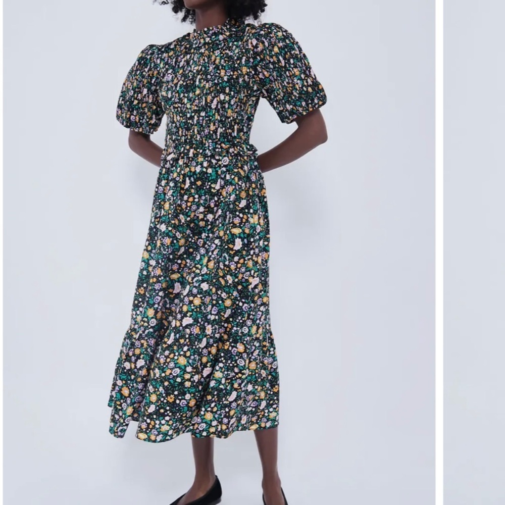NEW Hyacinth House Smocked Midi Dress Women’s XS Black Multi Floral Tuckernuck